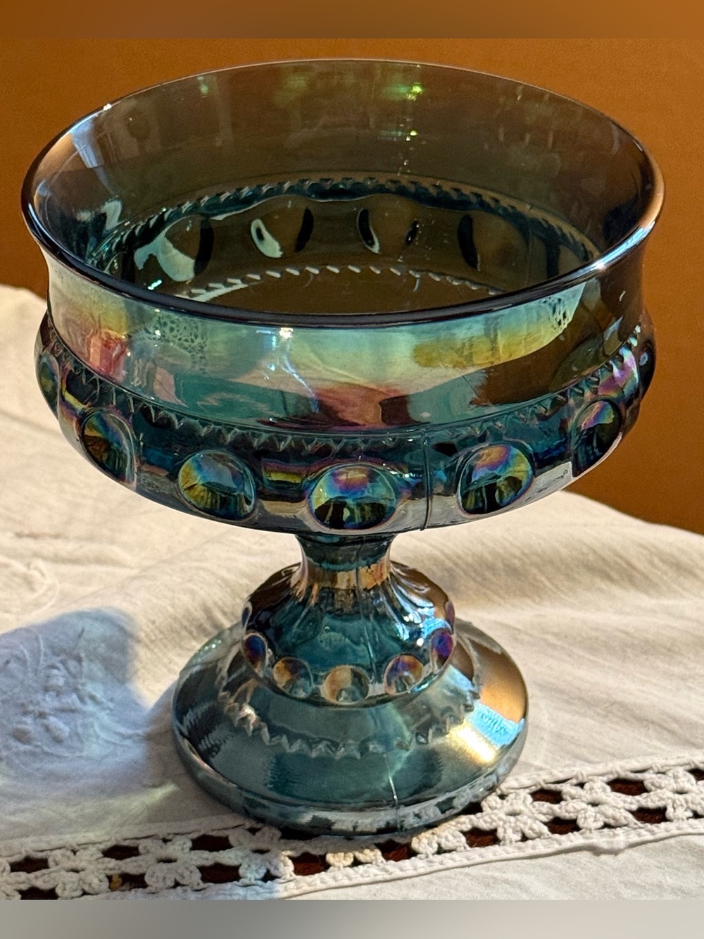 Vintage Carnival Iridescent Blue Glass Compote Bowl